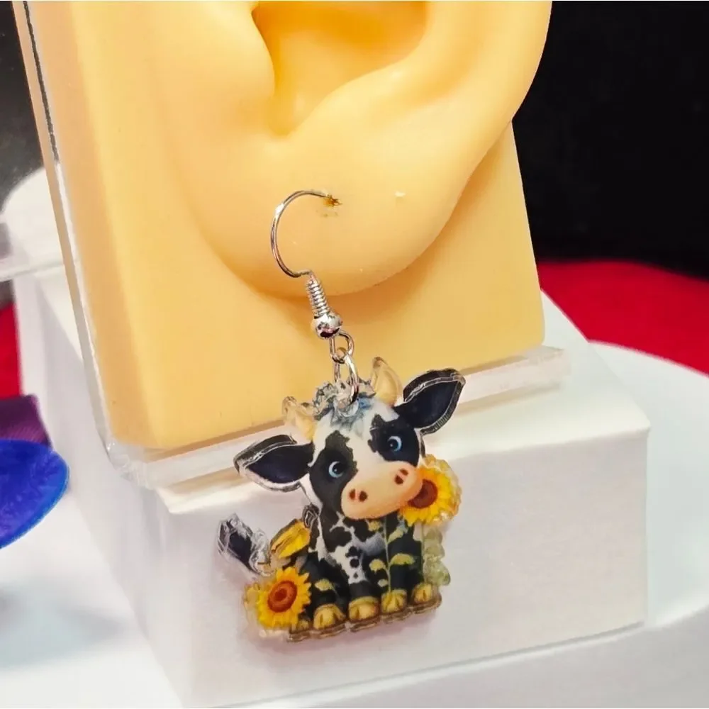 Holstein Cow Sunflower Earrings – Cute Farmcore Acrylic Dangles Dairy Cow